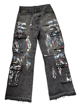 Rockstar Original mens Black Paint-Splatter flare cargo Jeans Punk Grunge Y2K 32